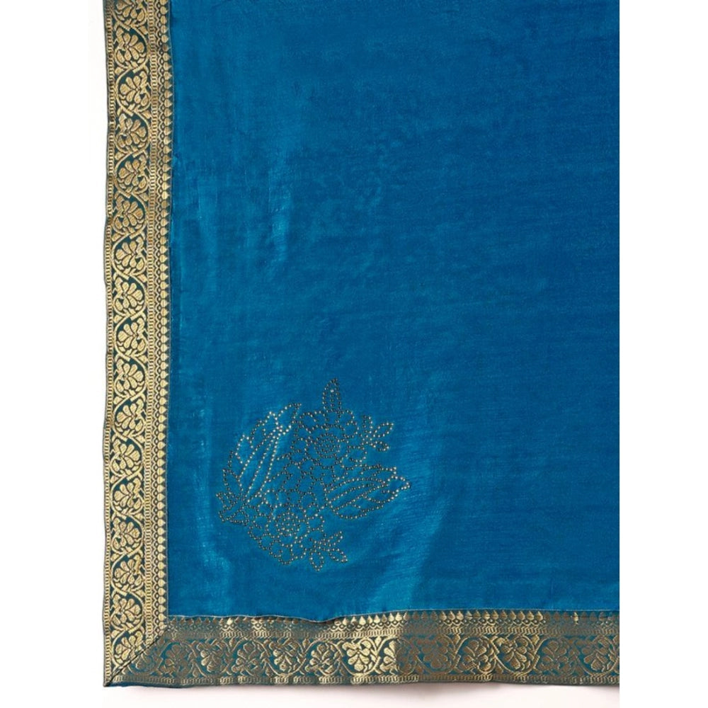 Generic Women's Vichitra Swiroshki Butta Saree With Unstitched Blouse (Blue, 5-6 Mtrs)