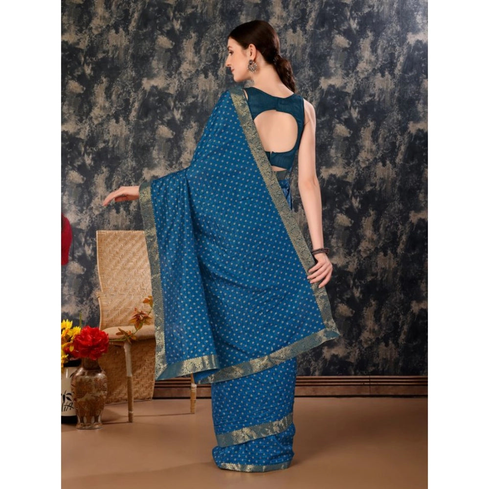 Generic Women's Vichitra Bandhani Saree With Unstitched Blouse (Blue, 5-6 Mtrs)