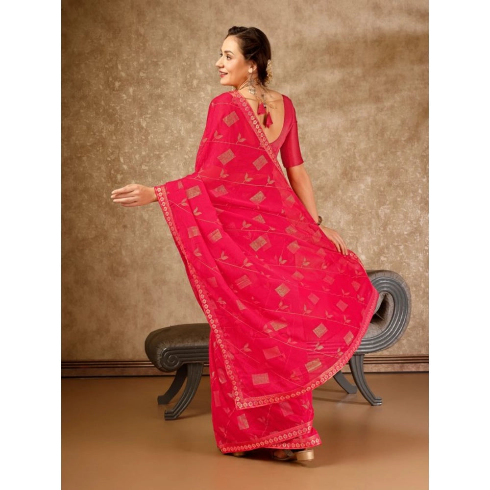 Generic Women's Zomto Patta Chiffon Saree With Unstitched Blouse (Pink, 5-6 Mtrs)