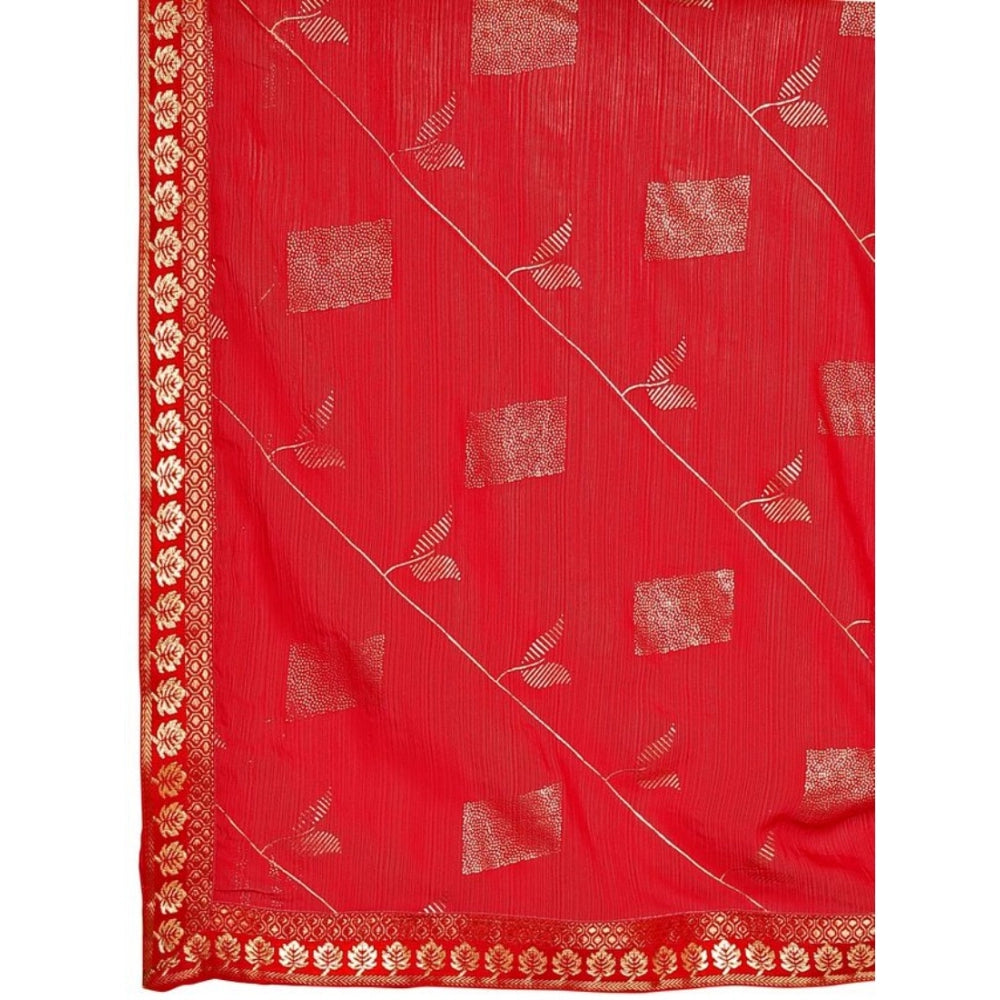 Generic Women's Zomto Patta Chiffon Saree With Unstitched Blouse (Red, 5-6 Mtrs)