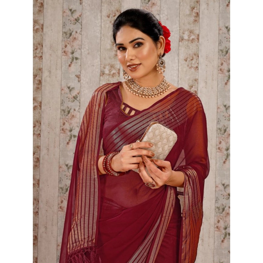 Generic Women's Chiffon Fabric Plain Saree With Unstitched Blouse (Maroon, 5-6 Mtrs)