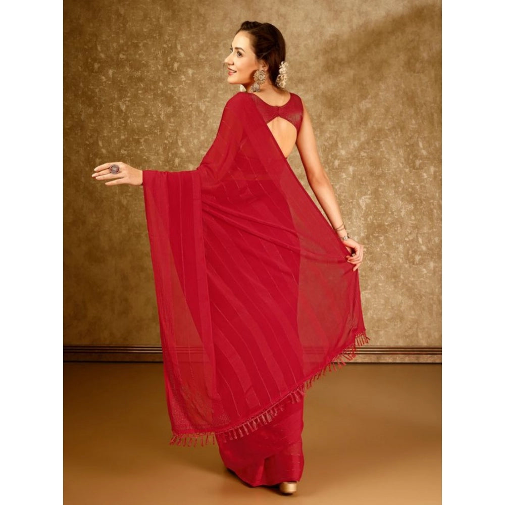 Generic Women's Chiffon Fabric Line Saree With Unstitched Blouse (Red, 5-6 Mtrs)