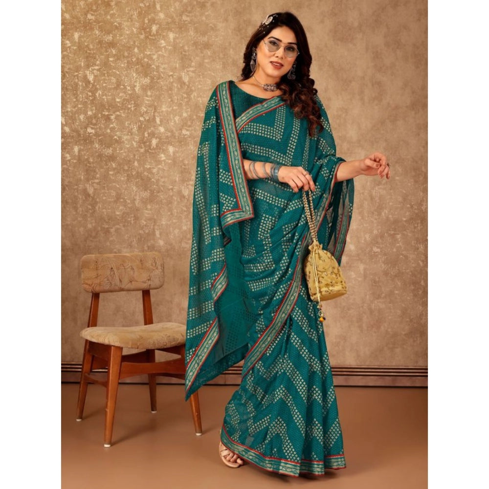 Generic Women's Zomto Zig Zag Saree With Unstitched Blouse (Teal Blue, 5-6 Mtrs)