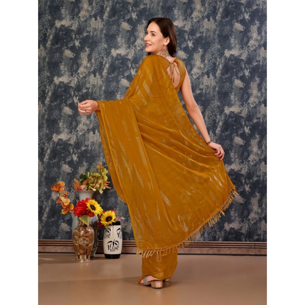 Generic Women's Chiffon Fabric Line Saree With Unstitched Blouse (Mustard, 5-6 Mtrs)