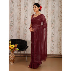 Generic Women's Chiffon Fabric Line Saree With Unstitched Blouse (Maroon, 5-6 Mtrs)