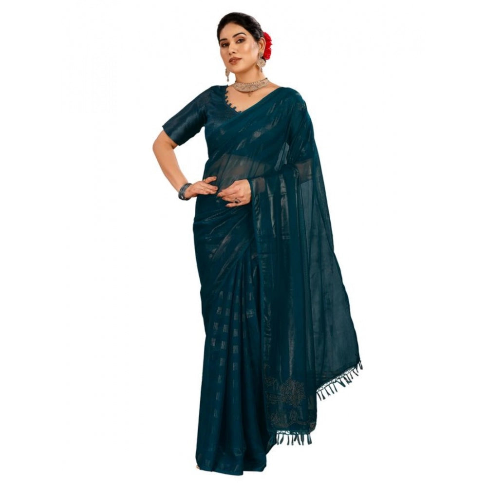 Generic Women's Chiffon Fabric Line Saree With Unstitched Blouse (Teal Blue, 5-6 Mtrs)