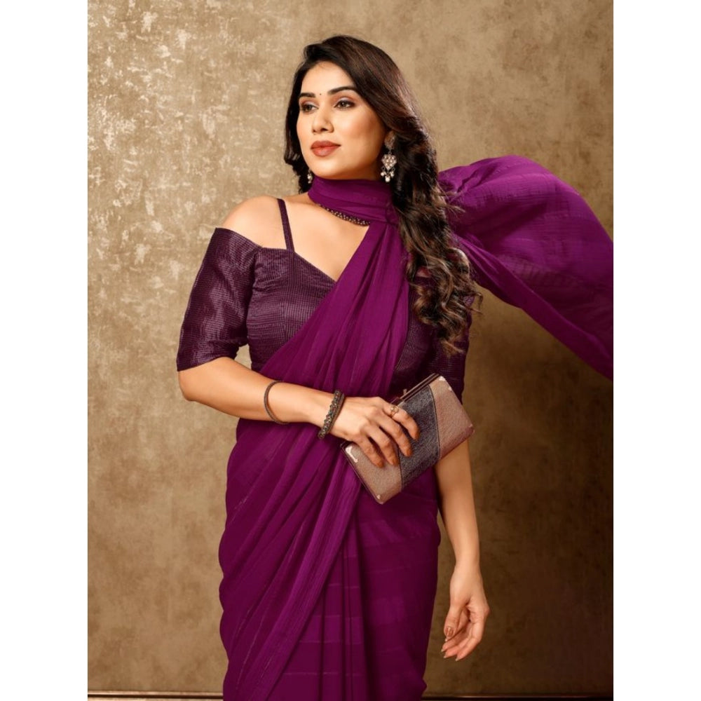 Generic Women's Chiffon Fabric Line Saree With Unstitched Blouse (Wine, 5-6 Mtrs)