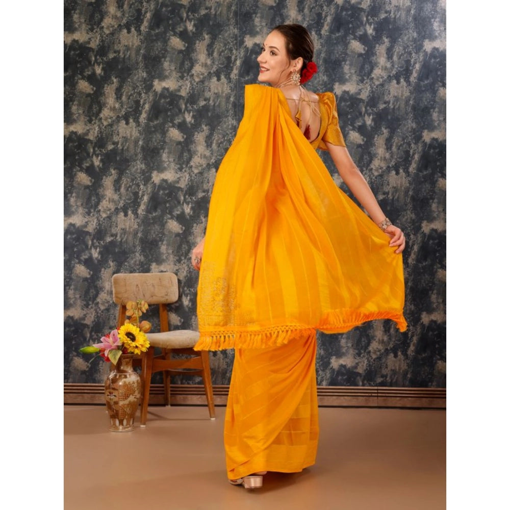 Generic Women's Chiffon Fabric Line Saree With Unstitched Blouse (Yellow, 5-6 Mtrs)