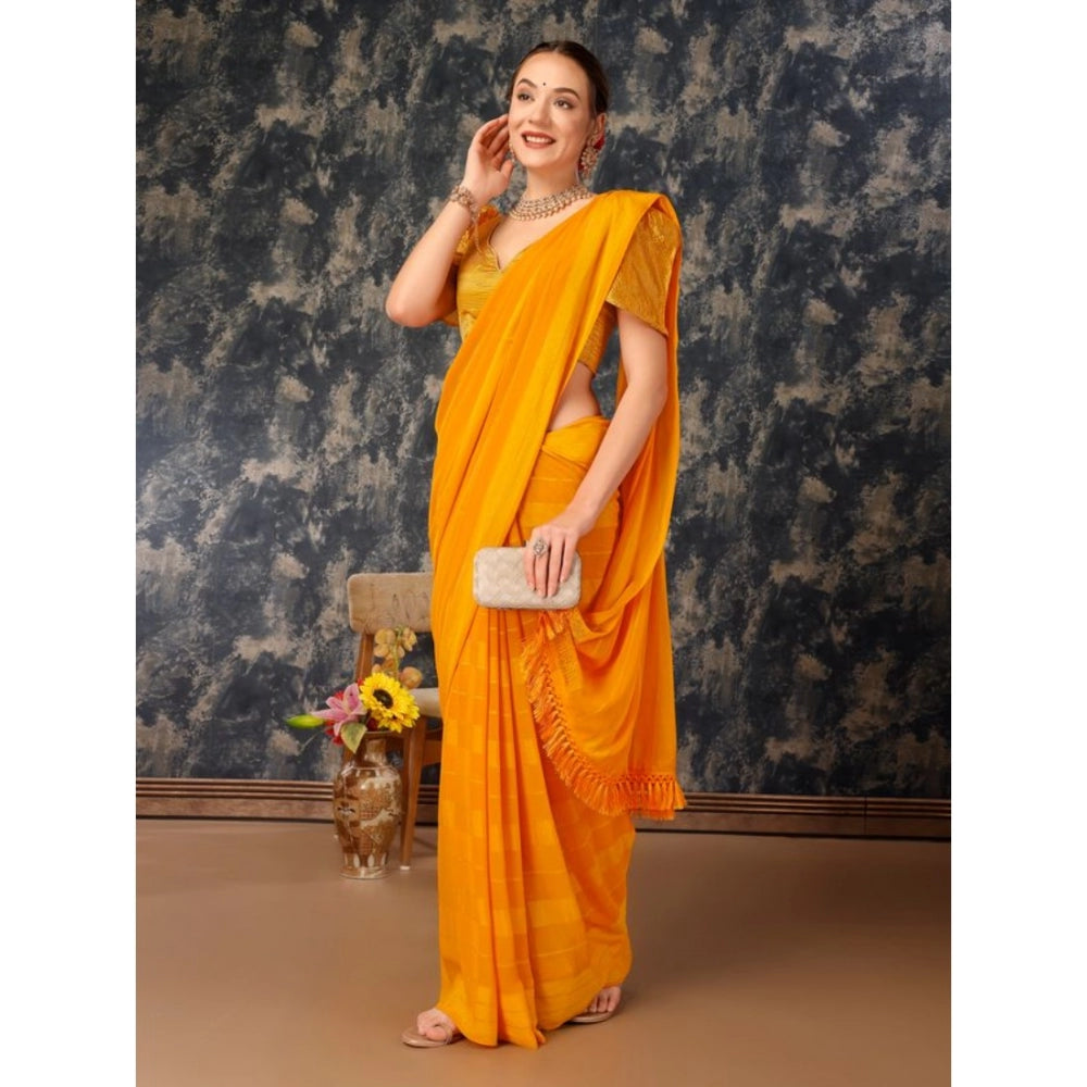 Generic Women's Chiffon Fabric Line Saree With Unstitched Blouse (Yellow, 5-6 Mtrs)