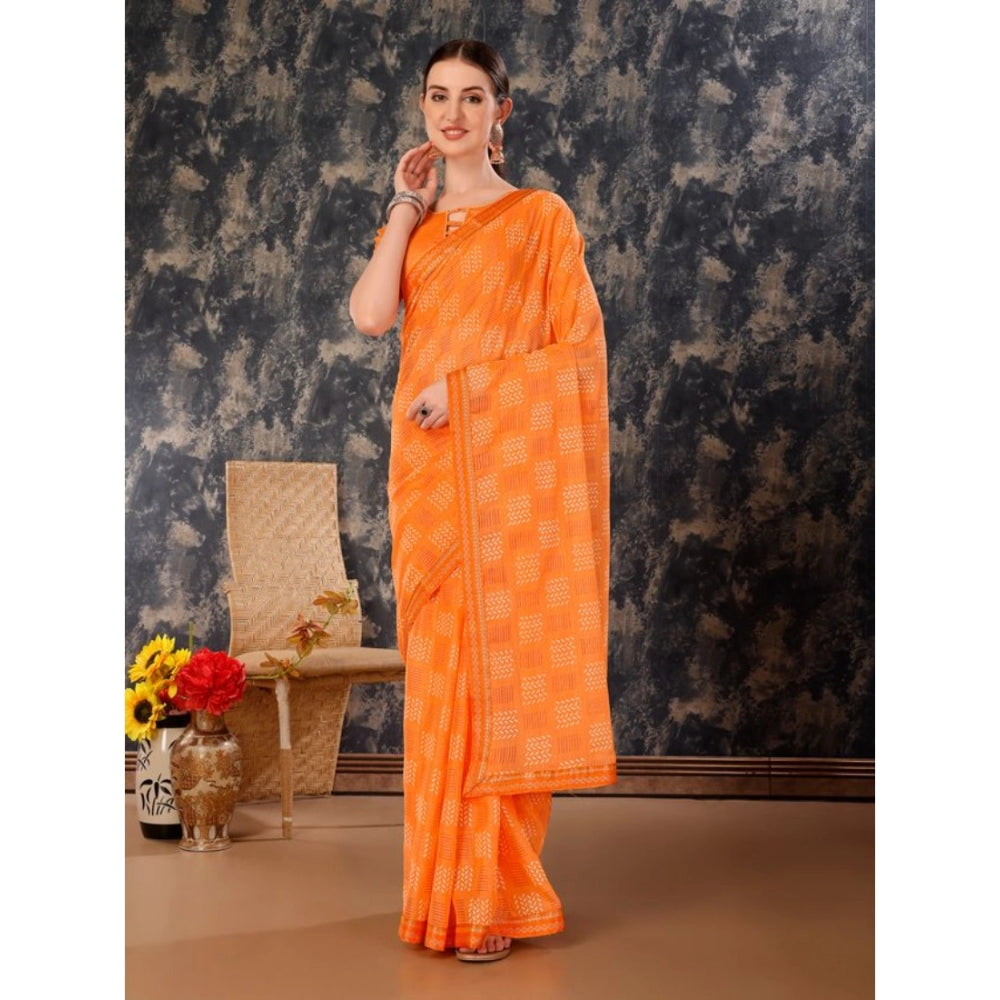 Generic Women's Zomto Cheked Saree With Unstitched Blouse (Orange, 5-6 Mtrs)