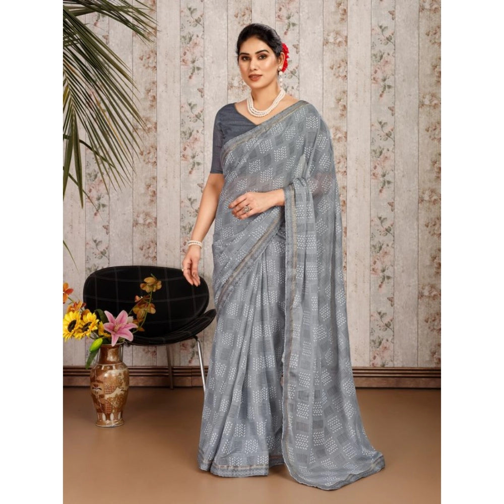 Generic Women's Zomto Cheked Saree With Unstitched Blouse (Grey, 5-6 Mtrs)