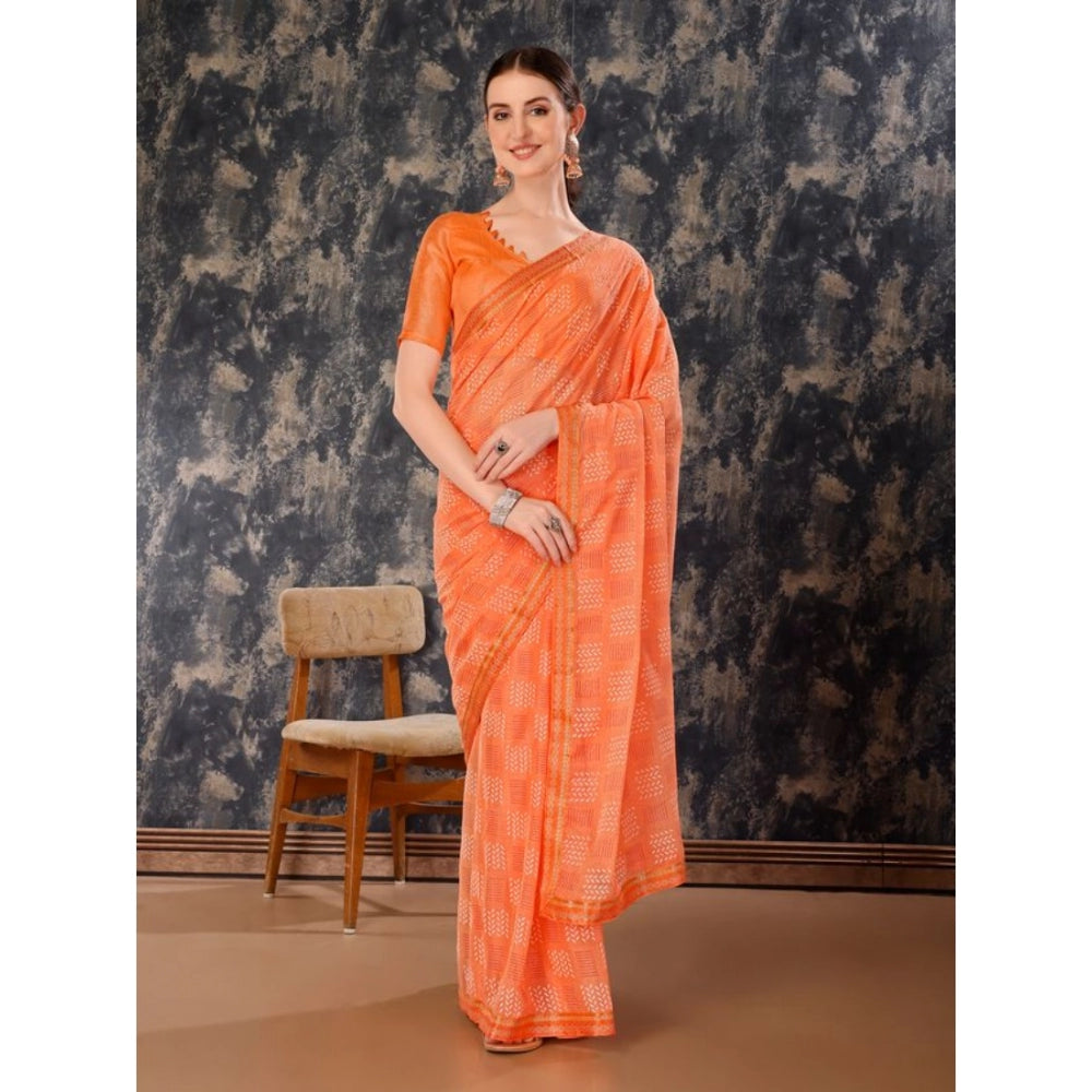 Generic Women's Zomto Cheked Saree With Unstitched Blouse (Peach, 5-6 Mtrs)