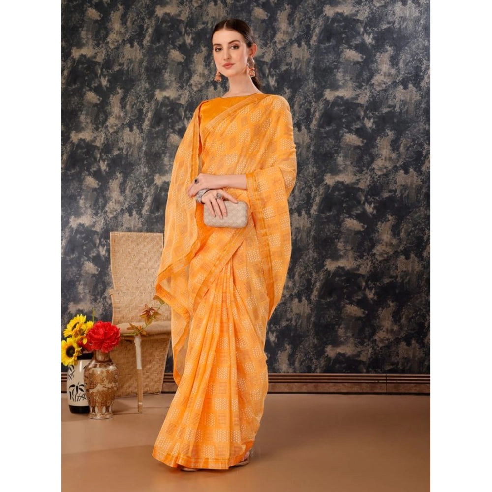 Generic Women's Zomto Cheked Saree With Unstitched Blouse (Yellow, 5-6 Mtrs)