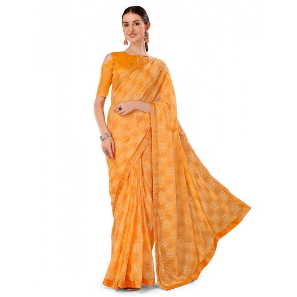 Generic Women's Zomto Cheked Saree With Unstitched Blouse (Yellow, 5-6 Mtrs)