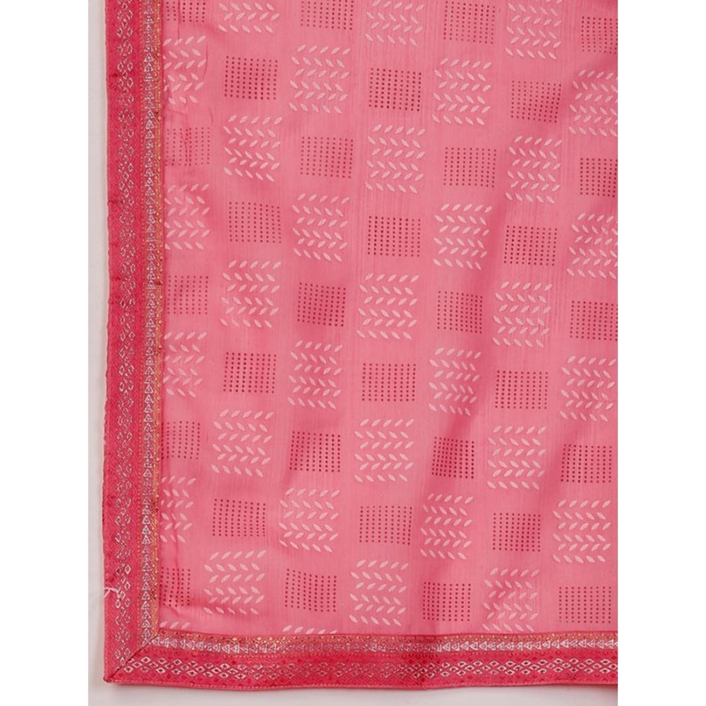 Generic Women's Zomto Cheked Saree With Unstitched Blouse (Pink, 5-6 Mtrs)