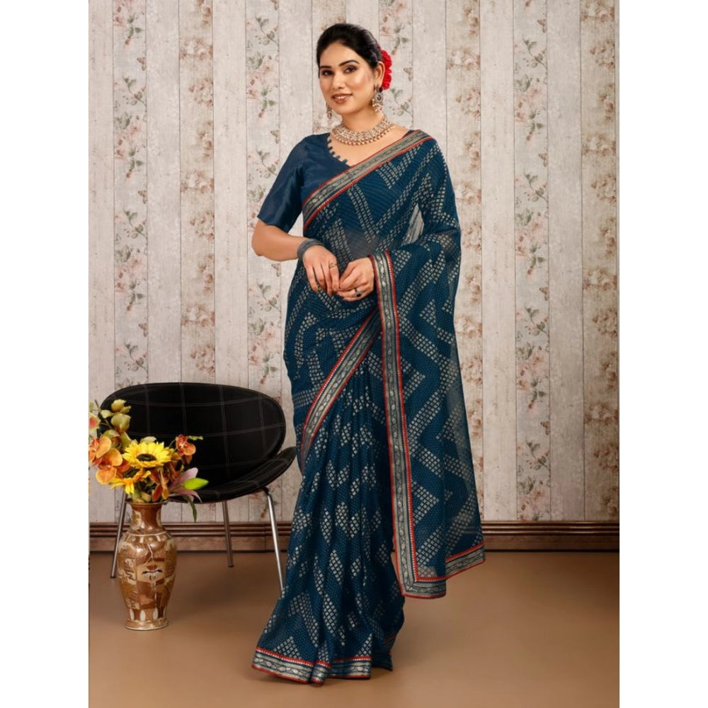 Generic Women's Zomto Zig Zag Saree With Unstitched Blouse (Blue, 5-6 Mtrs)