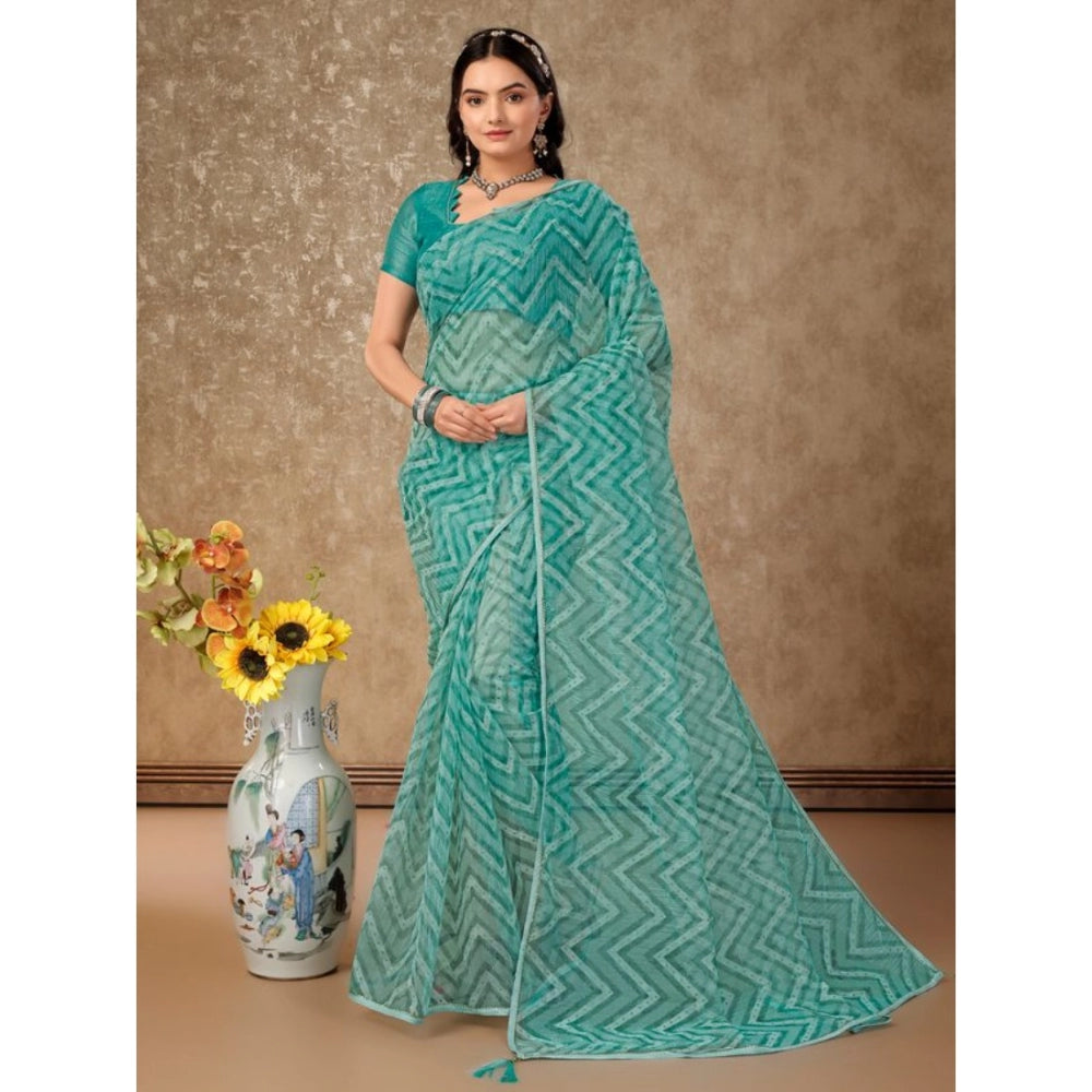 Generic Women's Linen Zig Zag Saree With Unstitched Blouse (Turquies Green, 5-6 Mtrs)