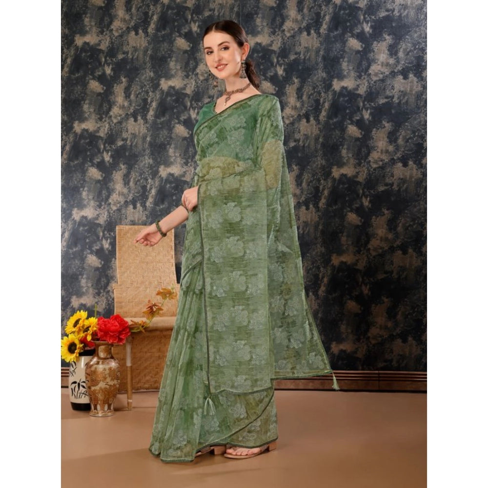 Generic Women's Linen Floral Printed Saree With Unstitched Blouse (Green, 5-6 Mtrs)