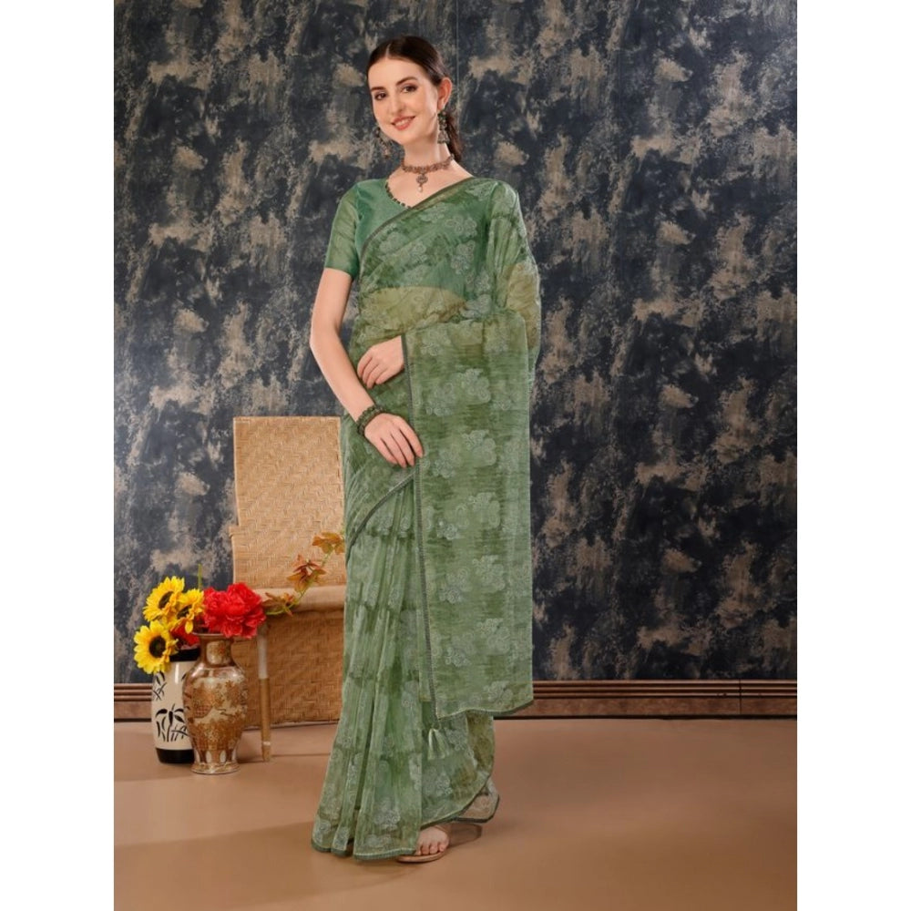 Generic Women's Linen Floral Printed Saree With Unstitched Blouse (Green, 5-6 Mtrs)