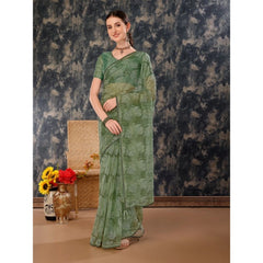 Generic Women's Linen Floral Printed Saree With Unstitched Blouse (Green, 5-6 Mtrs)