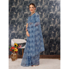 Generic Women's Linen Floral Printed Saree With Unstitched Blouse (Blue, 5-6 Mtrs)