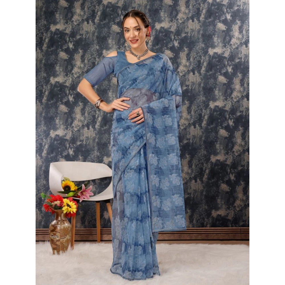 Generic Women's Linen Floral Printed Saree With Unstitched Blouse (Blue, 5-6 Mtrs)