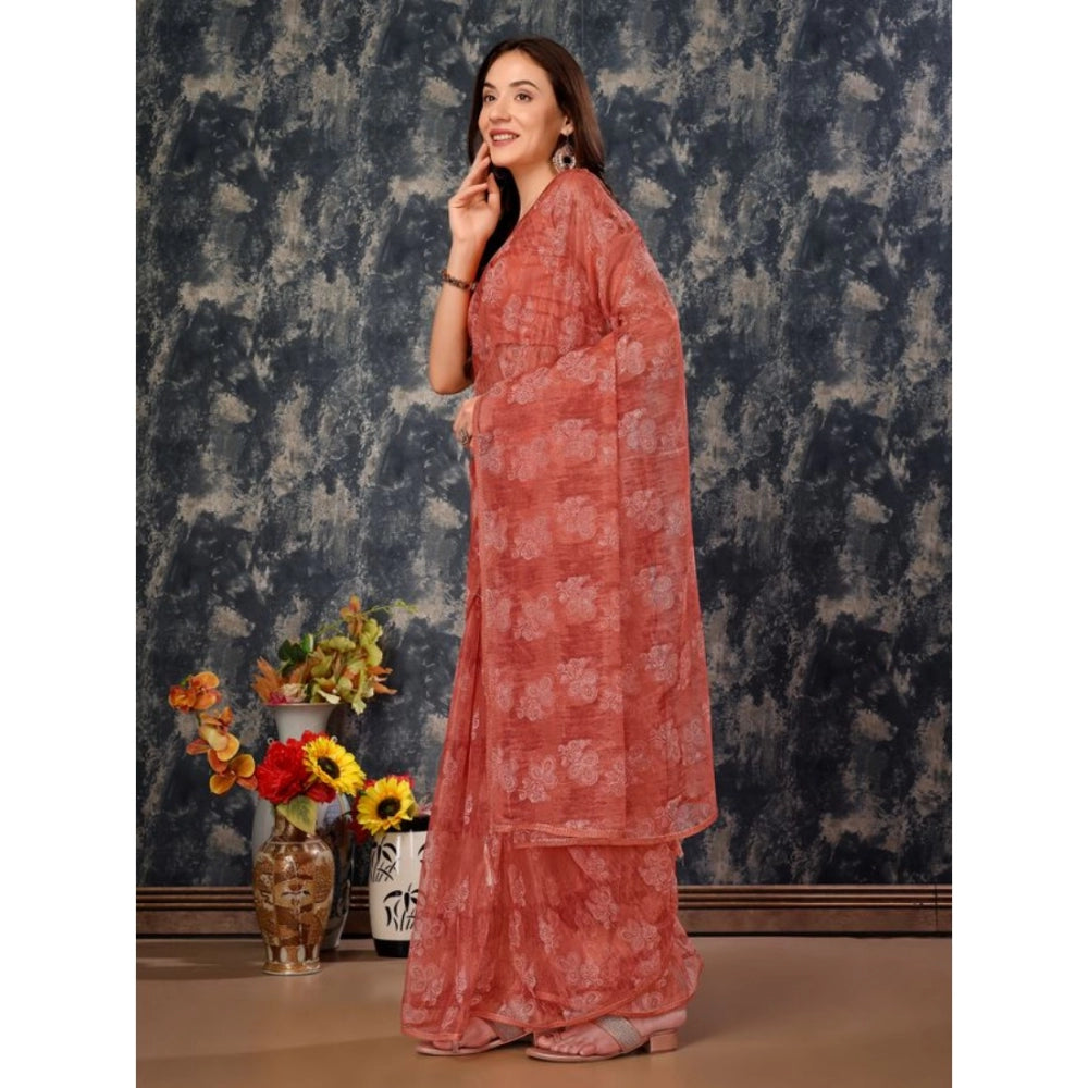 Generic Women's Linen Floral Printed Saree With Unstitched Blouse (Peach, 5-6 Mtrs)