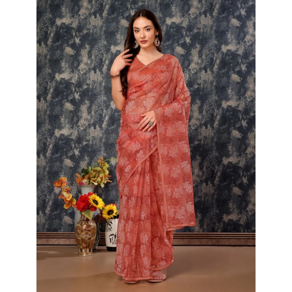 Generic Women's Linen Floral Printed Saree With Unstitched Blouse (Peach, 5-6 Mtrs)