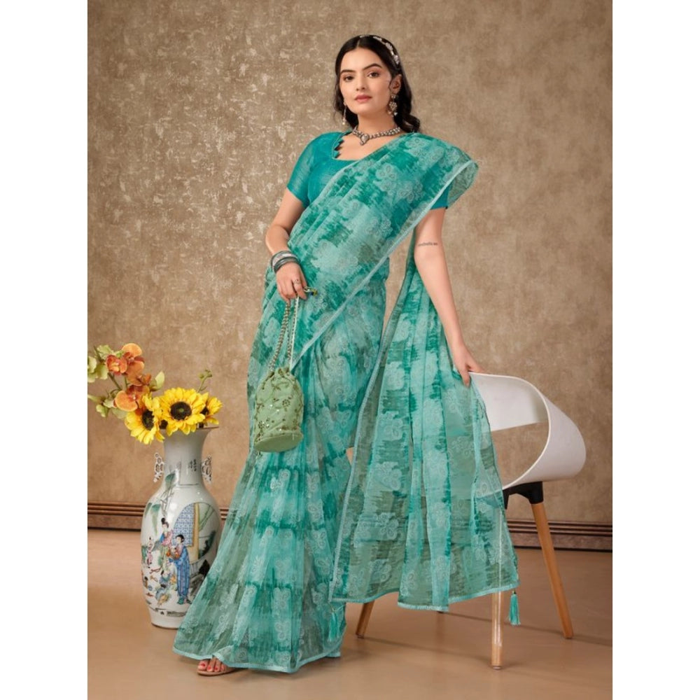 Generic Women's Linen Floral Printed Saree With Unstitched Blouse (Turquoise Green, 5-6 Mtrs)