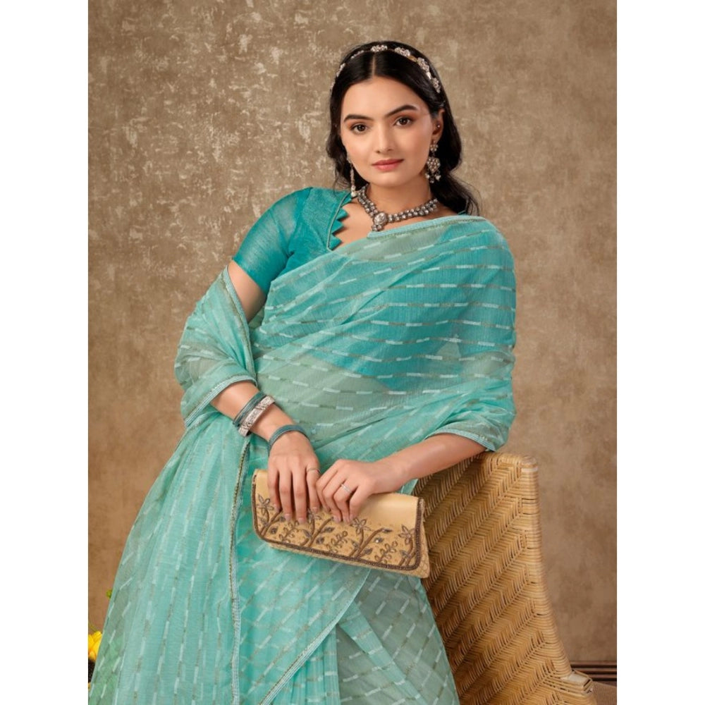 Generic Women's Linen Line Saree With Unstitched Blouse (Turquoise Green, 5-6 Mtrs)