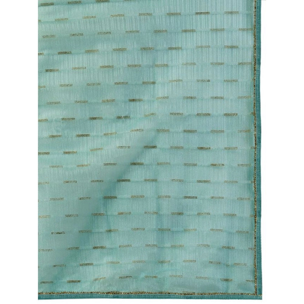 Generic Women's Linen Line Saree With Unstitched Blouse (Turquoise Green, 5-6 Mtrs)