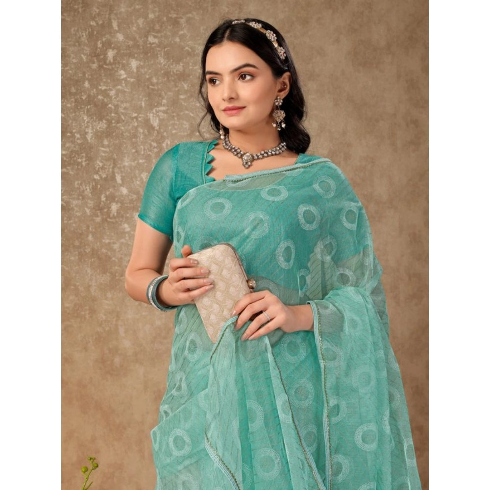 Generic Women's Linen Gola Printed Saree With Unstitched Blouse (Turquoise Green, 5-6 Mtrs)