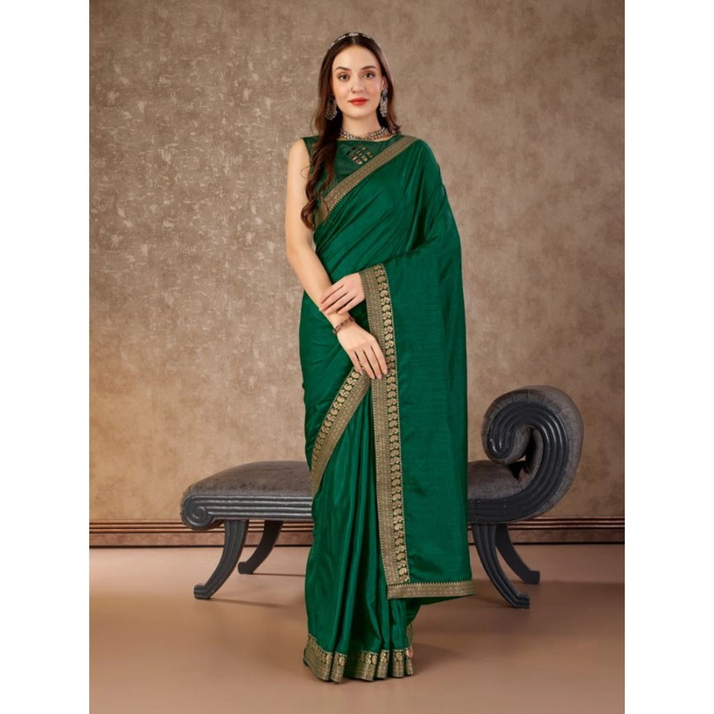 Generic Women's Vichitra Plain Saree With Unstitched Blouse (Green, 5-6 Mtrs)