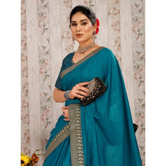 Generic Women's Vichitra Plain Saree With Unstitched Blouse (Blue, 5-6 Mtrs)