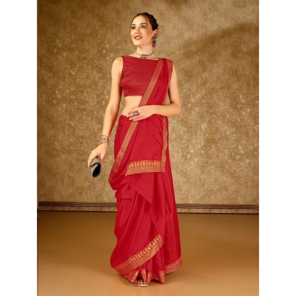 Generic Women's Vichitra Plain Saree With Unstitched Blouse (Red, 5-6 Mtrs)