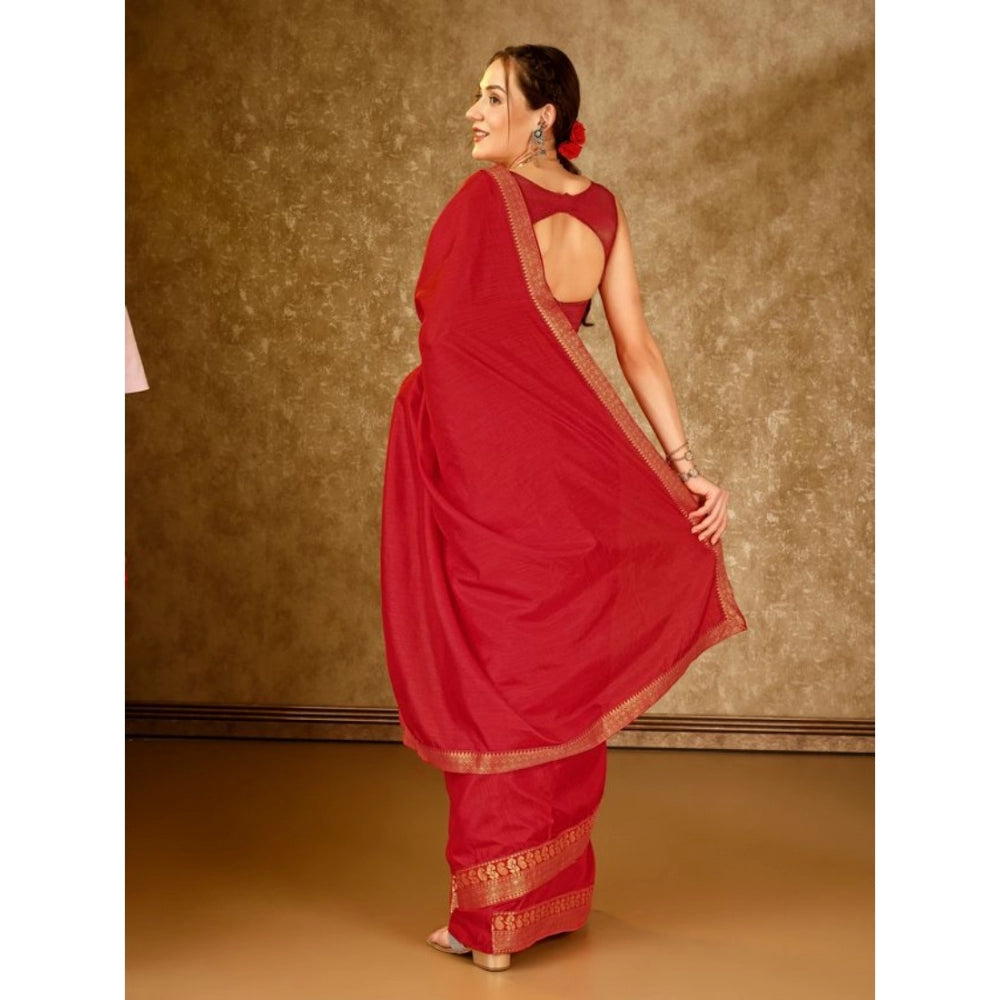 Generic Women's Vichitra Plain Saree With Unstitched Blouse (Red, 5-6 Mtrs)