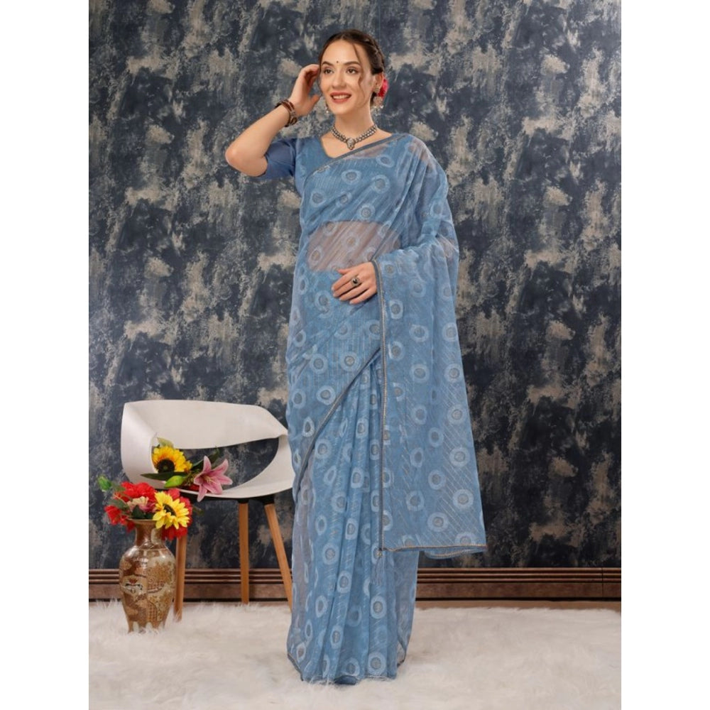 Generic Women's Linen Line Saree With Unstitched Blouse (Sky Blue, 5-6 Mtrs)