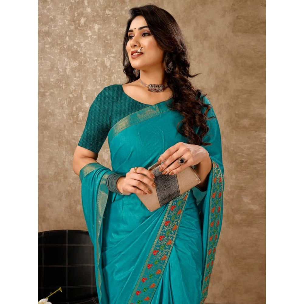 Generic Women's Vichitra Swiroshki Butta Saree With Unstitched Blouse (Turquies Blue, 5-6 Mtrs)