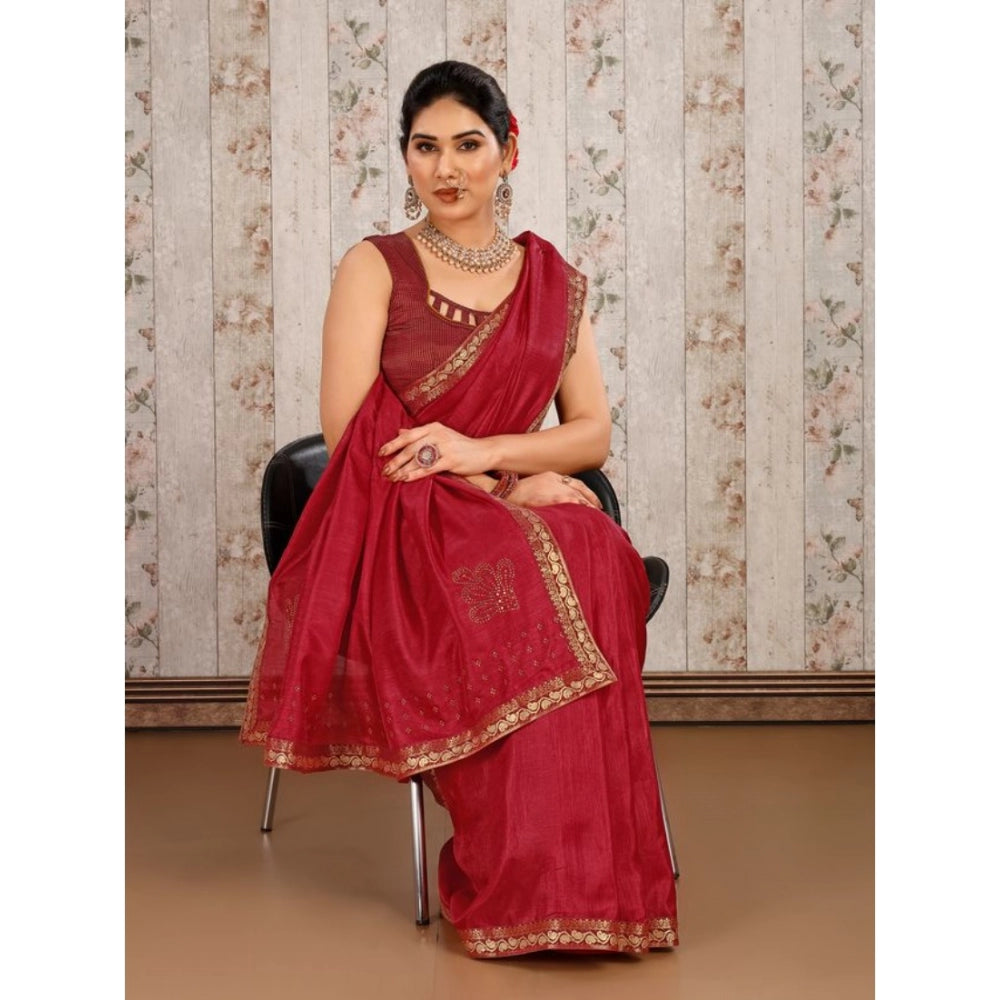 Generic Women's Vichitra Swiroshki Butta Saree With Unstitched Blouse (Maroon, 5-6 Mtrs)