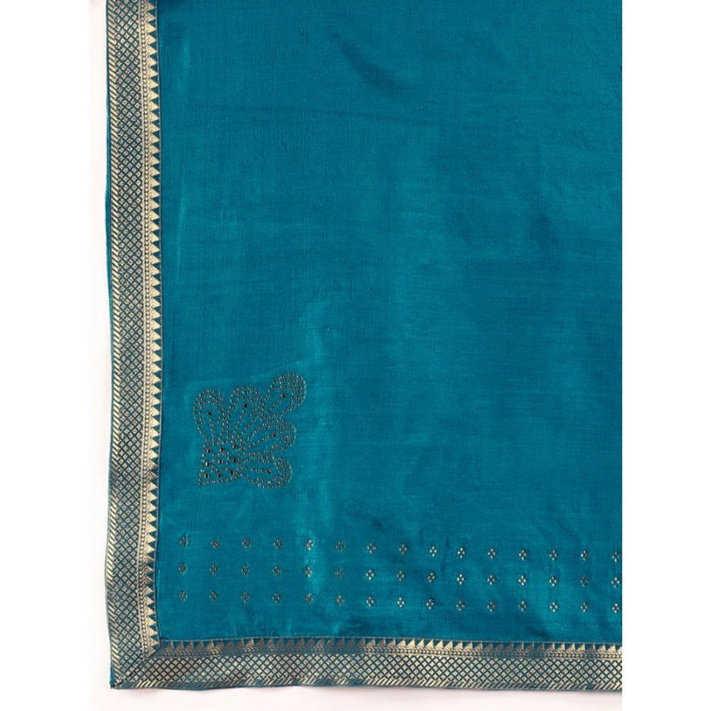 Generic Women's Vichitra Swiroshki Butta Saree With Unstitched Blouse (Blue, 5-6 Mtrs)