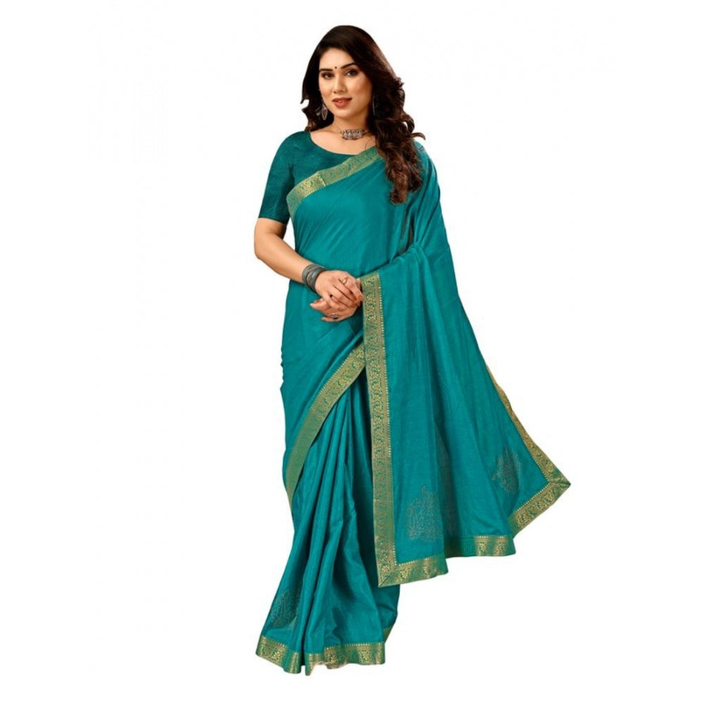 Generic Women's Vichitra Swiroshki Butta Saree With Unstitched Blouse (Teal Blue, 5-6 Mtrs)