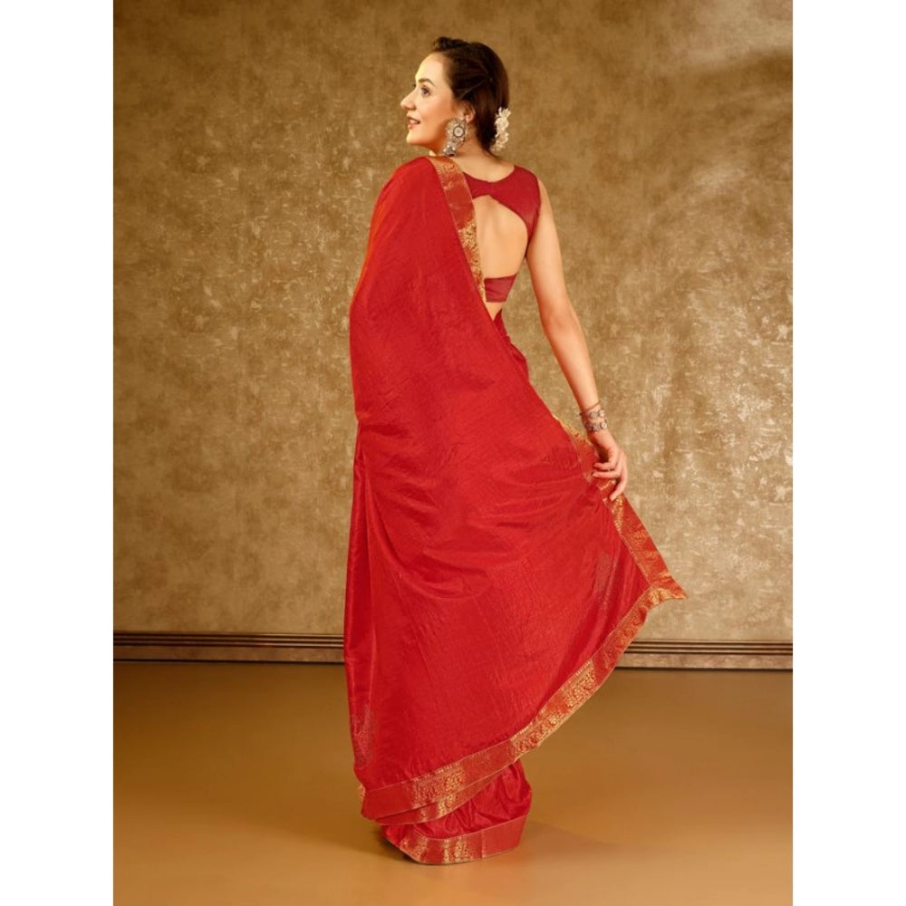 Generic Women's Vichitra Swiroshki Butta Saree With Unstitched Blouse (Red, 5-6 Mtrs)