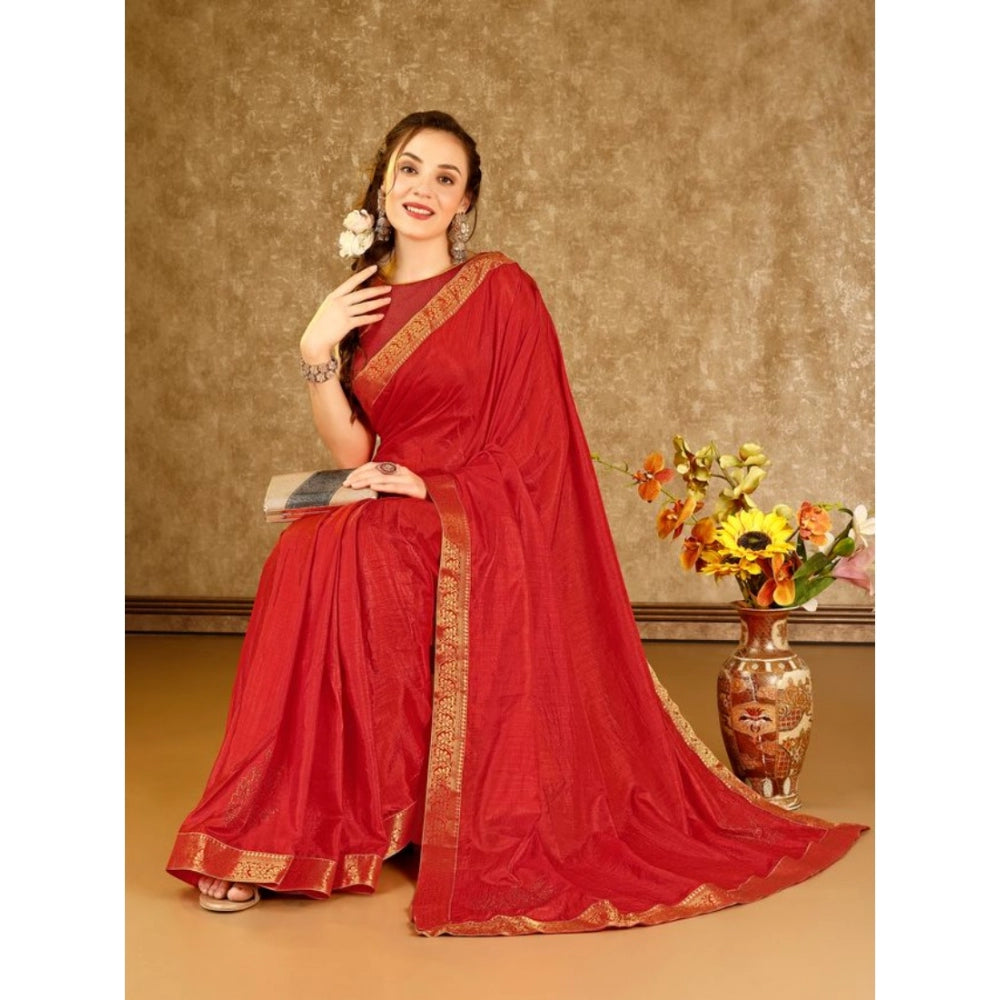 Generic Women's Vichitra Swiroshki Butta Saree With Unstitched Blouse (Red, 5-6 Mtrs)