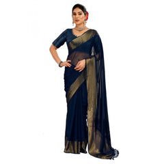 Generic Women's Chiffon Fabric Plain Saree With Unstitched Blouse (Blue, 5-6 Mtrs)