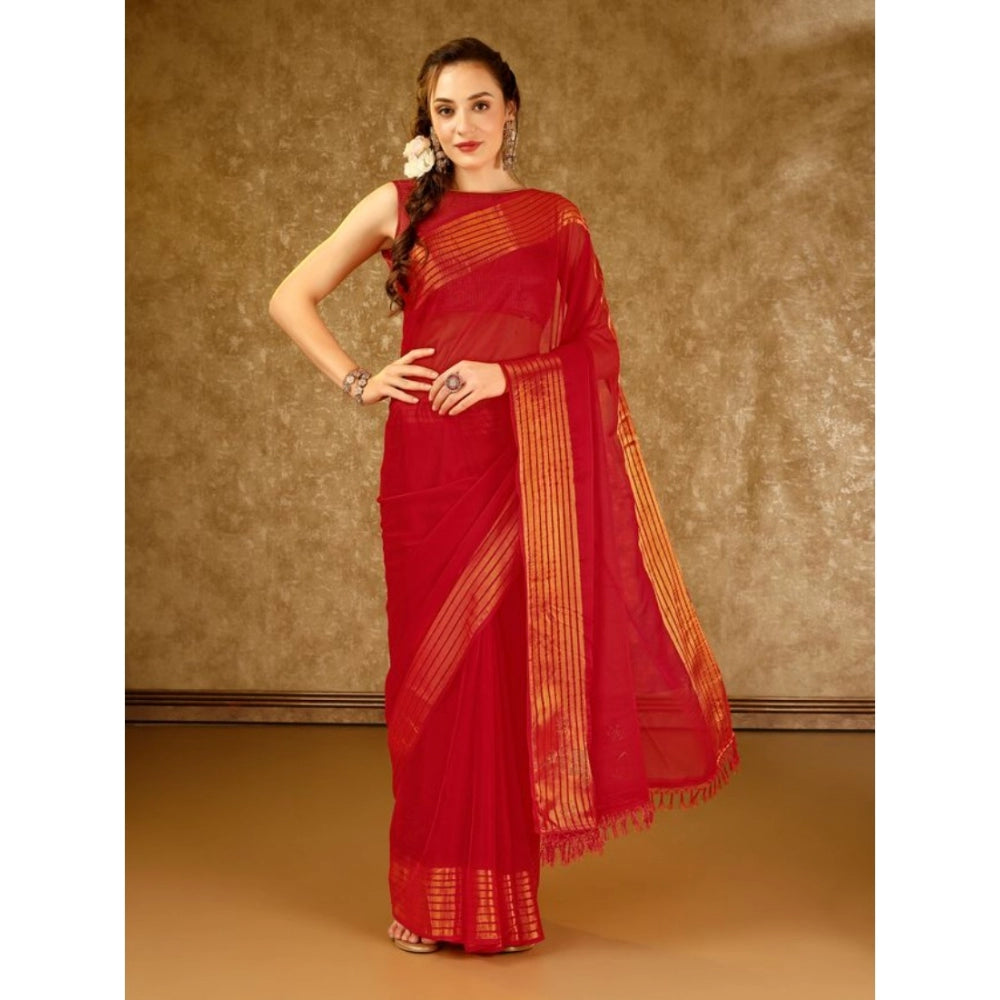 Generic Women's Chiffon Fabric Plain Saree With Unstitched Blouse (Red, 5-6 Mtrs)