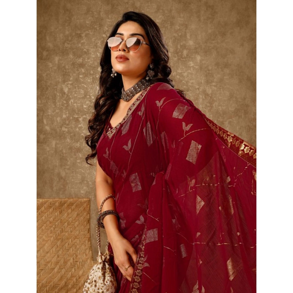 Generic Women's Zomto Patta Chiffon Saree With Unstitched Blouse (Maroon, 5-6 Mtrs)