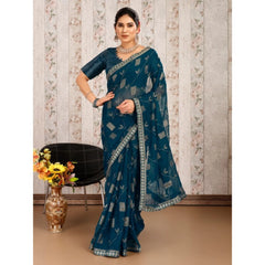 Generic Women's Zomto Patta Chiffon Saree With Unstitched Blouse (Blue, 5-6 Mtrs)