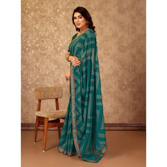 Generic Women's Zomto Zig Zag Saree With Unstitched Blouse (Teal Blue, 5-6 Mtrs)