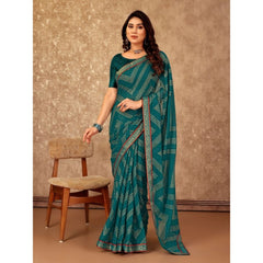 Generic Women's Zomto Zig Zag Saree With Unstitched Blouse (Teal Blue, 5-6 Mtrs)