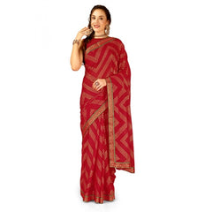 Generic Women's Zomto Zig Zag Saree With Unstitched Blouse (Red, 5-6 Mtrs)